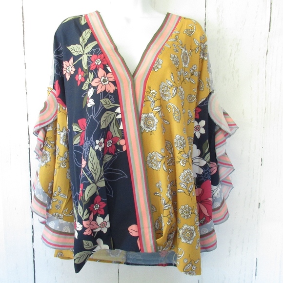 Umgee Tops - Umgee Top Floral Stripe Ruffle Sleeve Boho Peasant